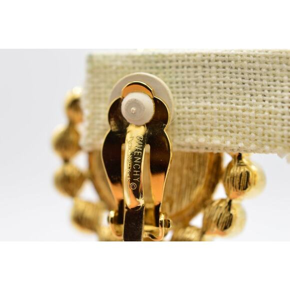 Givenchy Vintage Crystal Clip On Earrings Black Gold Pearl Chunky Signed 80s 9C - Picture 10 of 12